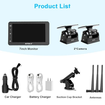 X7 2 Wireless Solar Magnetic Backup Camera for RV Truck - 15000mAh Battery Magnetic Hitch Camera 7” Monitor 320FT Range - 5th Wheel Hitch Gooseneck Travel Boat Horse Trailer Truck - size: 7" Monitor w/ 2-Cam