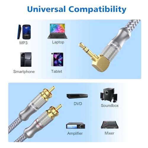 RCA to 90 Degree 3.5mm Cable Right Angle AUX to RCA Stereo Y Splitter for Smartphones, MP3, Tablets, Speakers -Grey(6ft/2M) - size: 6ft/2M