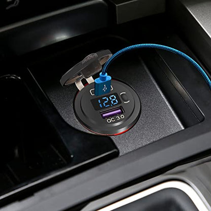 Quick Charge 3.0 Dual USB Car Charger Socket with LED Voltmeter and ON Off Switch Fused Wire Kit 12V/24V PD QC3.0 Fast Charge USB Outlet for Car Boat Marine RV Truck Golf