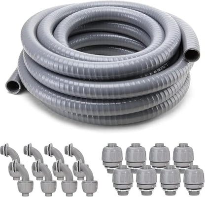 DWALE Liquid-Tight Conduit and Connector Kit,Flexible Non Metallic Liquid Tight Electrical Conduit,3/4inch 50ft Electrical Conduit Kit,with 8 Straight and 8 Angle Fittings Included,3/4 in. Dia - size: 50FT-3/4"