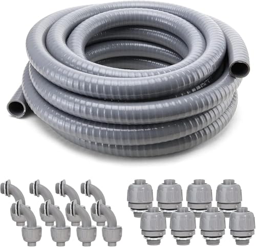 DWALE Liquid-Tight Conduit and Connector Kit,Flexible Non Metallic Liquid Tight Electrical Conduit,3/4inch 50ft Electrical Conduit Kit,with 8 Straight and 8 Angle Fittings Included,3/4 in. Dia - size: 50FT-3/4"