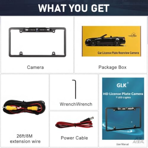 GLK License Plate Backup Camera HD Front Rear View Reverse Camera with 7 LED Night Vision 170 Degree Viewing Angle, Waterproof, for Cars