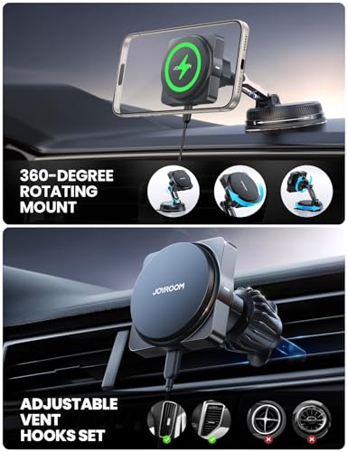 JOYROOM for MagSafe Car Mount Charger, [Smart Fingerprint-Touch Rotation] 15W MagSafe Wireless Car Charger[Vacuum & Gel 360° Base] Air Vent Dashboard Set for iPhone 17 16 15 14 13 12 Series, Black