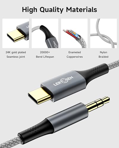 LERTOSEN 2 Pack USB C to 3.5mm Audio Cable [4ft], Aux to USB C Headphone Jack Adapter, Hi-Fi DAC Dongle Cord Compatible with iPhone 17/16/15 Pro Max,Samsung S25/S24/S23,iPad Pro, Pixel, Car Stereo - color: Silver Gray