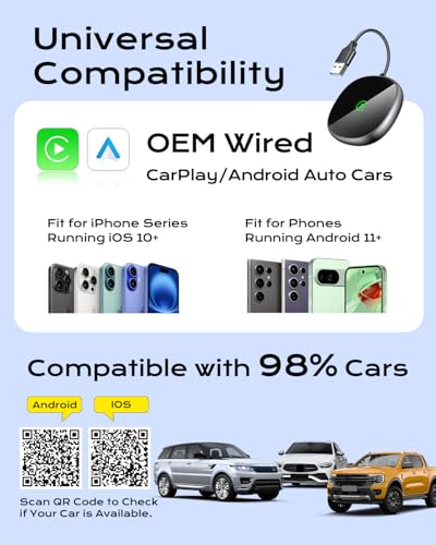 Wireless Carplay Adapter for iPhone & Android Auto 2-in-1, Stable, Plug & Play Low Delay Carplay Wireless Adapter Convert Wired to Wireless Apple Car Play Dongle for iOS 10+/Android 11+ (Grey)