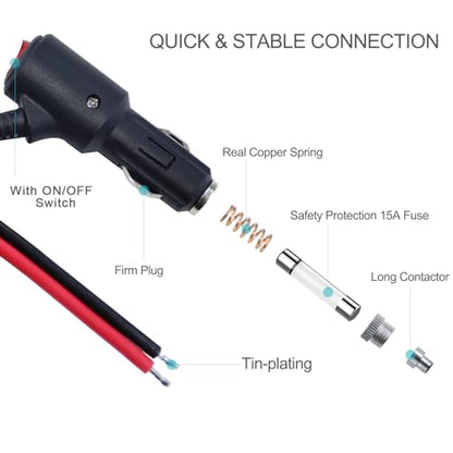12Volt Replacement Cigarette Lighter Male Plug with On Off Switch - 8FT 12V Fused 15amp Cigarette Male Plug with 16gauge Leads, 12V DC Car Plug Replacement for Car Cooler,Cb Radio, Air Compressor - size: 8FT