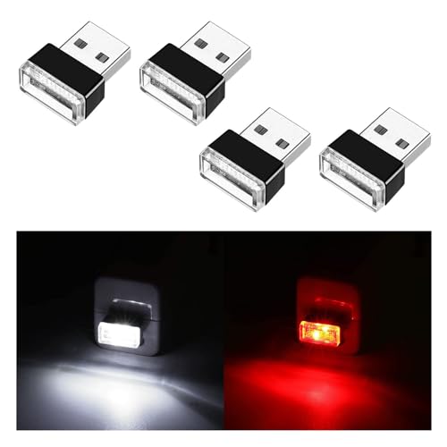Ziciner 4 PCS USB LED Car Interior Atmosphere Lamp, Portable Mini LED Night Light, Plug-in USB Interface Trunk Ambient Lighting Kit, Universal Car Interior Accessories (White, Red) - color: White+Red