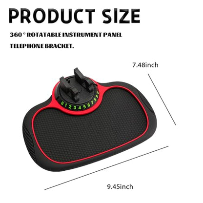 Multifunctional 3-in-1 Car Anti-Slip Dashboard Mat, Extra Large Anti Skid Pad with 360°Rotating Phone Holder & Temporary Parking Number, Universal Dash Organizer for Phones Sunglasses (Black & Red)