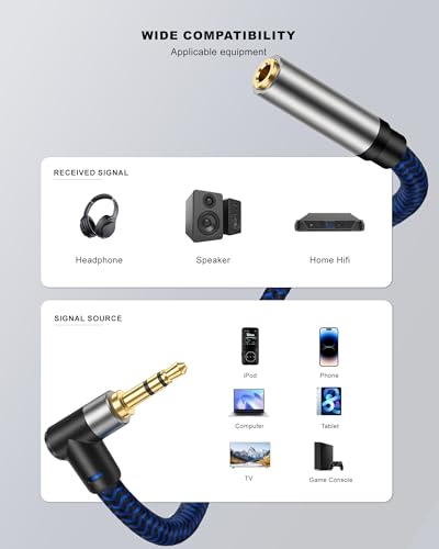 3.3FT (1M) 3.5mm Audio Extension Cable, 90-Degree Right Angle Aux Extender Cord (Male to Female), Nylon Braided TRS Stereo Audio Jack Adapter for Car, PC, Speakers, Headphones (No Mic Support) - size: 3.3FT