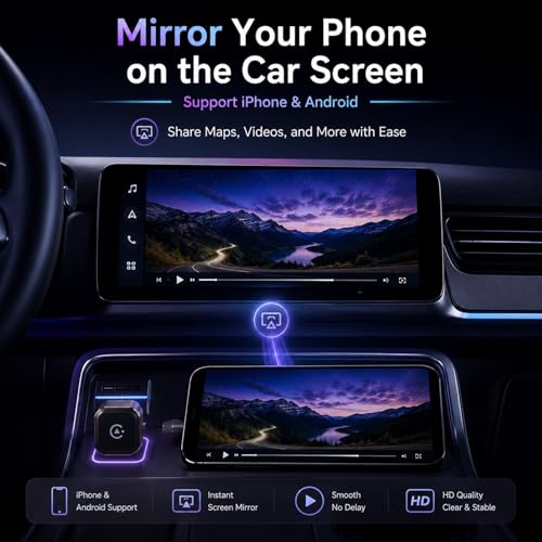 4-in-1 Wireless CarPlay Adapter, Screen Mirroring Adapter for Car to Play TV & Movies, Convert Factory Wired to Wireless CarPlay & Android Auto, Plug & Play Car Screen Movie Player Device - size: Small