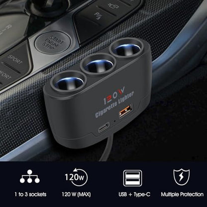 5 in 1 Cigarette Lighter Splitter, 3 Socket Car Charger Adapter + Type-C PD15W Charging + USB Charging Ports, Plug Outlet for All Car 12V/24V Devices