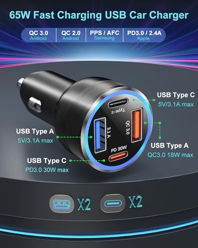 USB C Car Charger 65W, OKRAY 4-Port Car Charger PD30W&QC3.0 Fast Charging - size: 2 Pack