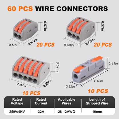 60PCS AVARBUVO Lever Wire Connectors, Quick Wire Connectors Push-in, 2/3/5 Port Combination Kit with 1 in 1 Out Inline Terminals for Splicing 28-12 AWG - size: 60PCS