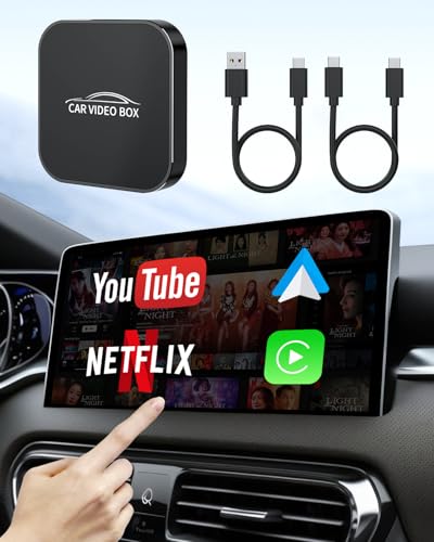 AI Box Magic Video Box, 4-in-1 Wireless CarPlay & Android Auto Adapter with Netflix YouTube TF Card Slot Convert Wired to Wireless, Dual WiFi, USB-A/USB-C Plug & Play Dongle for OEM Wired CarPlay Cars
