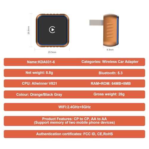 Wireless CarPlay Adapter Compatible with Apple CarPlay 2026 Upgraded Mini Design,USB/USB-C Plug and Play,Stable Low-Latency Connection for iPhone & Android - color: Orange