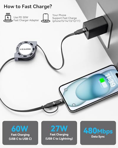 Multi Charging Cable, 2 in 1Retractable Multi Charging Cord - size: 27W TO 60W:2PACK
