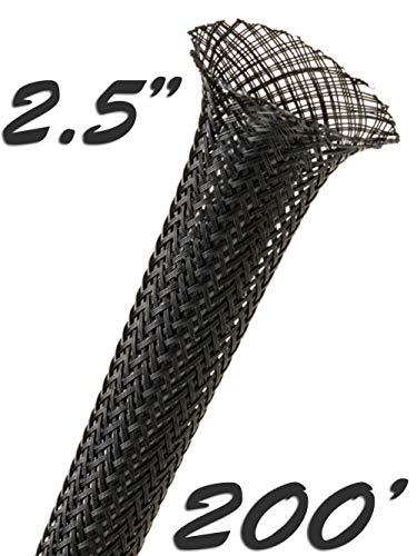 Electriduct 2.5" Black PET Expandable Braided Sleeving Cable Mesh Flexible Wire Sleeve - 200 Feet - size: 2.5 Inch - 200 Feet
