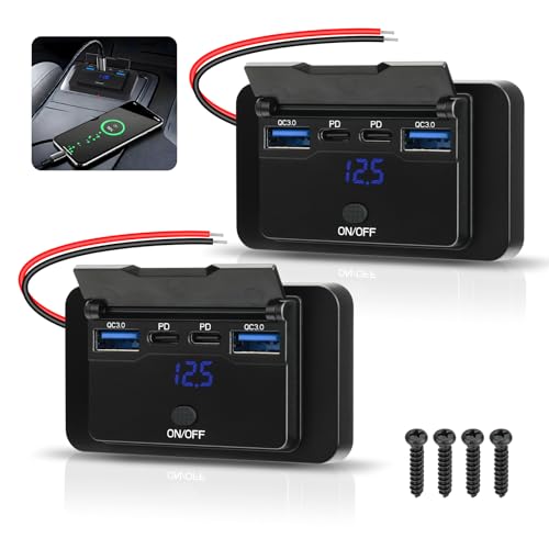 2 Pack 78W 12V USB Outlet Panel Wall Mount with Blue Voltmeter Dual 36W PD & Dual 18W QC3.0 Car USB Port Lightweight 12V USB Charger with ON/Off Switch - size: Pack of 2 with 4 Port / 78W