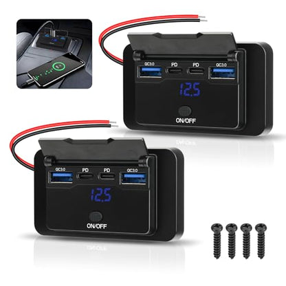2 Pack 78W 12V USB Outlet Panel Wall Mount with Blue Voltmeter Dual 36W PD & Dual 18W QC3.0 Car USB Port Lightweight 12V USB Charger with ON/Off Switch - size: Pack of 2 with 4 Port / 78W