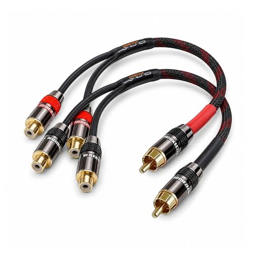 RCA Splitter Cable 1 Male to 2 Female 1FT, OFC Shielded RCA Y Cable 24K Gold Plated, Stereo Audio Adapter for Amplifier, Subwoofer, Home Theater, Car Audio, Speaker (2 Pack)