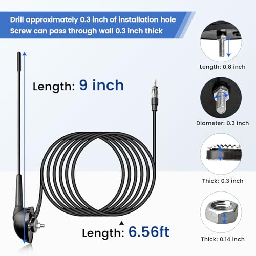 Anina 23cm (9 Inch) AM/FM Universal Short Antenna for Car Truck Motorcycle Boat, M6 Screw Top/Side Mount Replacement Radio Aerial Mast with 60° Adjustable Base & 2M Cable, Black