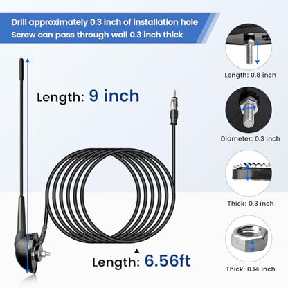 Anina 23cm (9 Inch) AM/FM Universal Short Antenna for Car Truck Motorcycle Boat, M6 Screw Top/Side Mount Replacement Radio Aerial Mast with 60° Adjustable Base & 2M Cable, Black