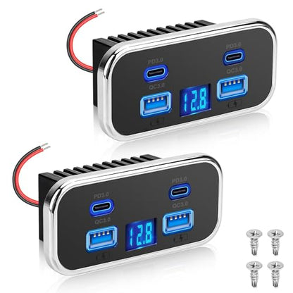 Linkstyle 2PCS RV USB Outlet, 76W Dual 18W USB-A & Dual 20W PD3.0 Ports, Power Outlet Panel with Voltmeter for 12V/24V Car Truck Marine - color: 2PCS