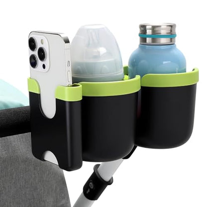 Accmor Stroller Cup Holder with Phone Holder, Bike Cup Holder, Universal Cup Holder for Uppababy Nuna Strollers, 2-in-1 Drinks Holder for Walker, Wheelchair, Scooter - color: Double Holder-Green