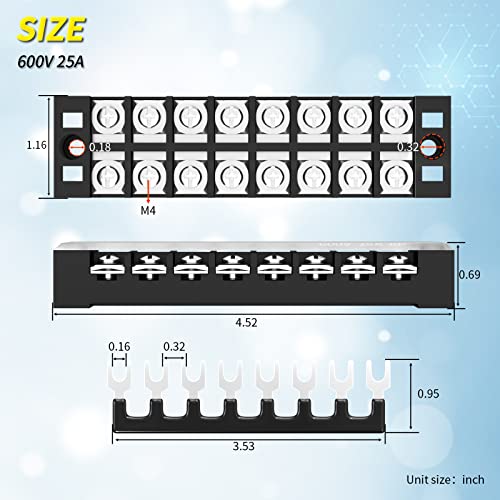 Joinfworld Terminal Block 25A 600V Dual Row Screw Terminal Strip with Cover, 8 Position Pre-Insulated Wire Terminal Block with Jumpers - 4 Pack - style: 25A 8P
