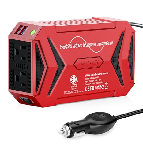 BESTEK Pure Sine Wave Power Inverter - 300W Car Plug in Charger Outlet DC 12V to 110V AC - Cigarette Lighter Adapter 4.8A Dual USB Fast Charging Ports for Laptop - Aluminum Housing - Red - color: Red