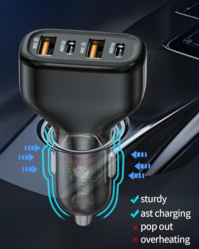 Fast Car Charger USB C, Cigarette Lighter Adapter, 4 Port 120W Dual Type C & USB A Car Charger Adapter PD/QC Fast Charging for iPhone 16/15/Pro Max, iPad, Samsung Galaxy, Pixel, Android