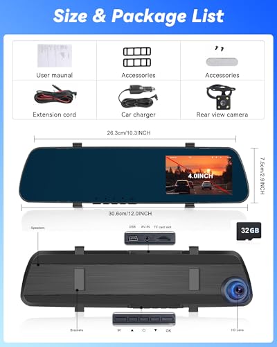 4 inch Mirror Dash Cam,1080P Rear View Mirror Camera for Cars,Dual Dash Cameras Front and Rear HD Night Vision,24H Parking Monitoring,Loop Recording, Motion Detection,Reversing Assistance,32GB TF Card
