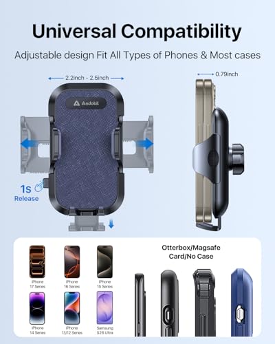 andobil Car Phone Holder, 2026 Military-Grade 89lbs Strongest Suction Phone Holders for Your Car Dashboard/Windshield/Vent Easy Clamp Cellphone Holder Truck Stand for iPhone 17 16 15 Pro Max, Blue - color: Blue