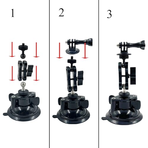Double Layer Suction Cup Mount with Double Ball Head Magic Arm, 1/4" Screw 360° Rotating Camera Mount Compatible with GoPro Hero, Insta360 X3, DJI Osmo, Action Camera, Phones for Car Windshield