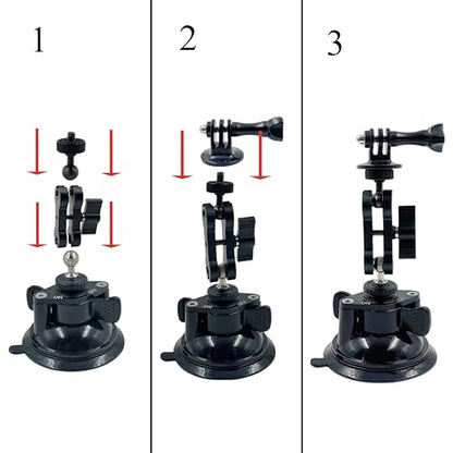 Double Layer Suction Cup Mount with Double Ball Head Magic Arm, 1/4" Screw 360° Rotating Camera Mount Compatible with GoPro Hero, Insta360 X3, DJI Osmo, Action Camera, Phones for Car Windshield