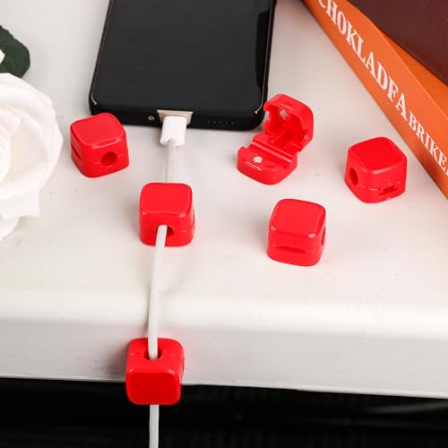 6pcs Phone Charger Wire Holders, Magnetic Desk Cable Clips Self Adhesive Desk Cable Cord Organizer Wire Manager Keeper for Home Office Kitchen Wall Car Desk (Red)