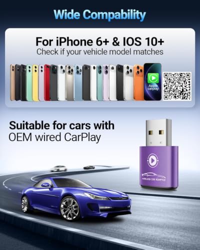 vnilrgle Wireless CarPlay Adapter for Apple iPhone 2026 Upgraded(Purple) - color: Purple