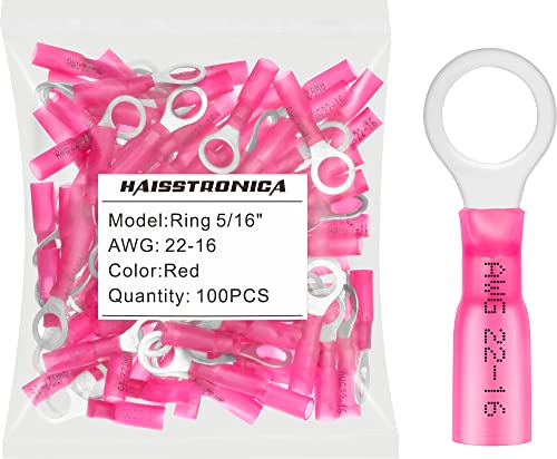 haisstronica 100PCS Heat Shrink Ring Terminals, 22-16 AWG, 5/16 in, Red - color: Red, size: Ring 5/16"