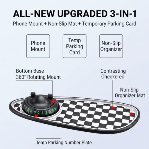 Universal Anti Slip Car Dashboard Mat, Rotatable Phone Holder Dashboard Pad, Non Sticky Temporary Parking Number Mat, Multifunctional Car Storage Pad for Phones Sunglasses Keys and Gadgets