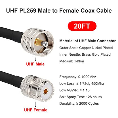 MOOKEERF PL-259 UHF CB Coax Cable 20FT, RG58 PL-259 UHF Male to Female Low Loss Antenna Extension Jumper for HAM Radio, Antenna Analyzer, Dummy Load, SWR Meter - size: 20FT