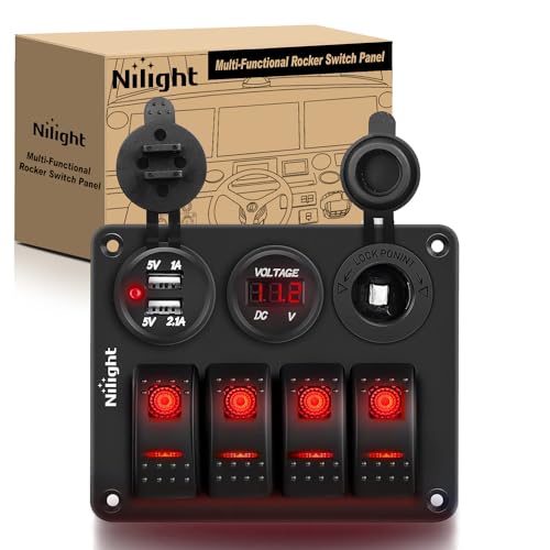 Nilight 4 Gang Rocker Switch Panel SPST On Off 12 Volt Toggle Red - color: Red, size: 4+3 Gang Dual USB