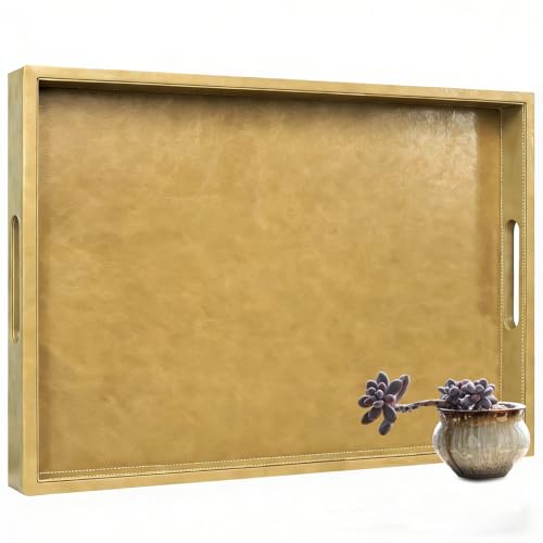 25x18 inches Leather Ottoman Serving Tray with Hole Handles, Rectangle Large Modern Service Tray for Living Room, Coffee Table, Bed, Tea, Food, Butler Countertop, Kitchen, Dinner, Picnic (Brown) - color: Brown, size: 25" x 18" x 2"