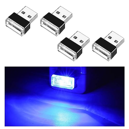 Ziciner 4 PCS USB LED Car Interior Atmosphere Lamp, Portable Mini LED Night Light, Plug-in USB Interface Trunk Ambient Lighting Kit, Universal Car Interior Accessories (Blue) - color: Blue