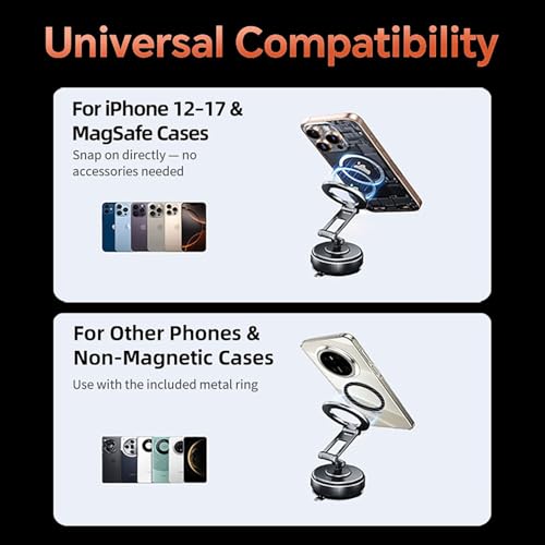 Compatible MagSafe Car Mount - GEATEE Vacuum Magnetic Phone Holder for Car, 360° Adjustable Foldable Car Dash Mount, Reinforced 110+LBS Suction Phone Mount for iPhone 17/16/15/14/13/12&Android, Carbon