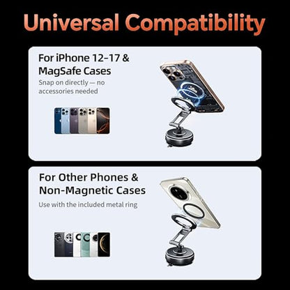 Compatible MagSafe Car Mount - GEATEE Vacuum Magnetic Phone Holder for Car, 360° Adjustable Foldable Car Dash Mount, Reinforced 110+LBS Suction Phone Mount for iPhone 17/16/15/14/13/12&Android, Carbon