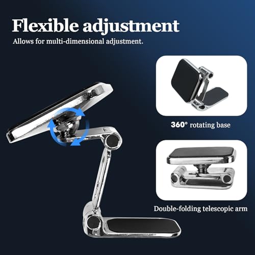 wuyaoyao Magnetic Phone Holder for Car, Foldable Retractable Automotive Cellphone Holder with Super Strong Magnets, Hands Free 360° Adjustable Phone Mount Fits All Smartphones for Car Home (Silver)