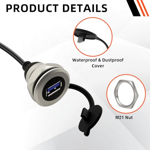 USB3.0 Threaded Fixed Mount Cable Al Shell USB A Male to Female Embedded Mount Waterproof Round Converter Extension Cable, 5V/2A 5Gbps, 30cm/11.8in