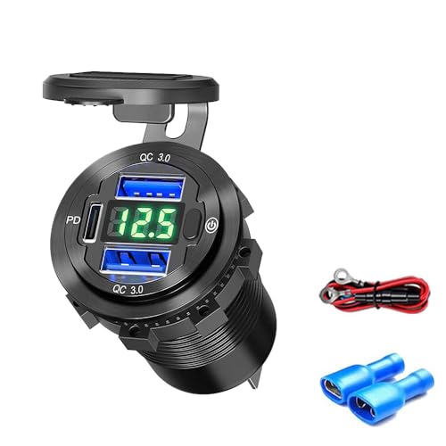 3 Ports USB Car Charger Total 72W, DC 12-24V, Button Switch, Dual QC+ 1 PD, USB C PD Max 36W, USB A QC Max 18W, Dashboard Flush Mount Charge Outlet Socket for RV Bus Boats Truck, Green Voltage Light - color: Green Voltage Light