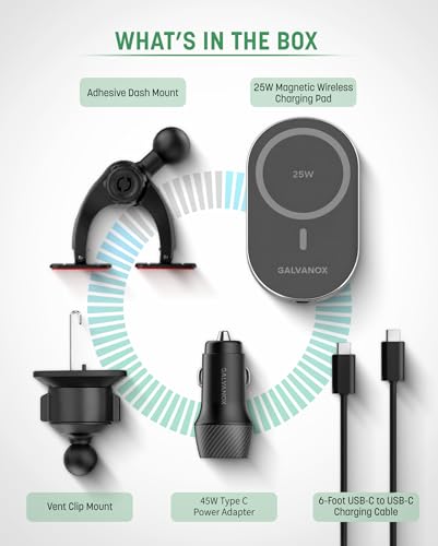 Galvanox Magnetic Wireless Car Charger Mount for Samsung Galaxy Phones, 25W Fast Charging (Compatible with MagSafe), Dashboard & Vent Phone Holder with 45W USB-C Adapter