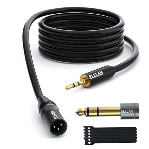 Elecan 3.5mm (1/8 Inch) TRS Aux Male to XLR Male Cable 6 Ft, Balanced Professional Shielded Stereo Microphone Cable Cord, Gold Plated for DSLR Camera Mixer Headphones with 3.5 to 6.35mm Adapter+Ties - size: 6FT, style: 3.5mm to XLR Male